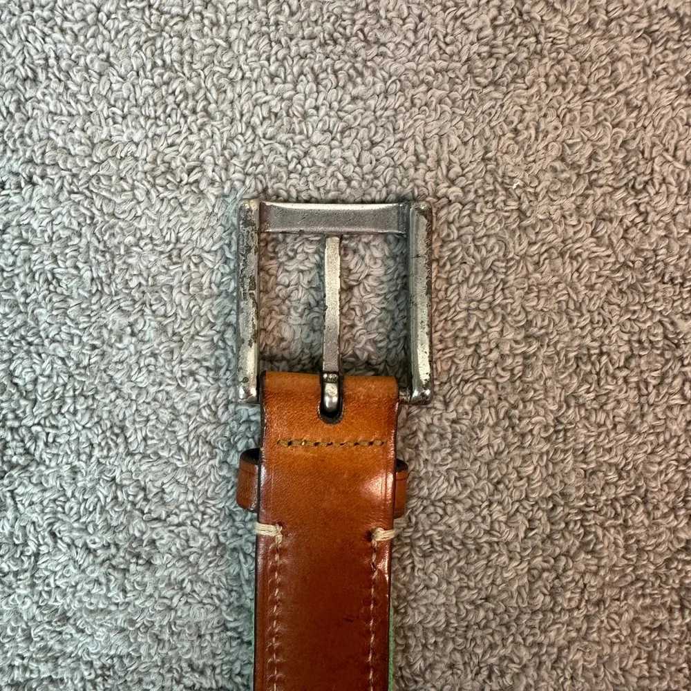 Trafalgar Mens Green Woven Fabric Brown Leather Belt Silver Tone Buckle 55 Inch